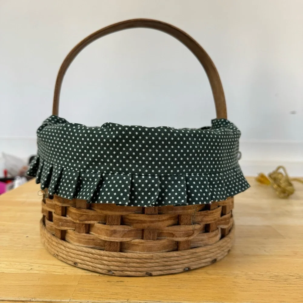 Vintage Wooden Basket Lined Woven Handle Circular Cottage Farmhouse Folk Art EUC